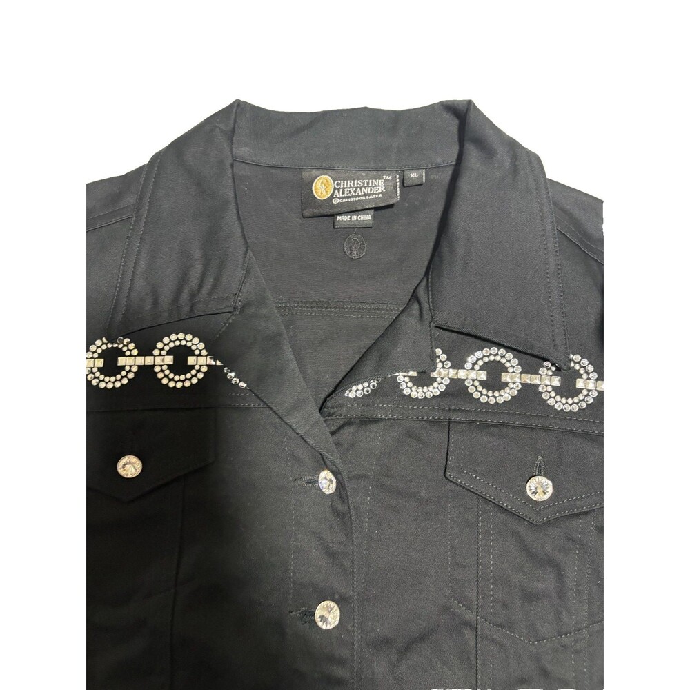 CHRISTINE ALEXANDER Black Swarovski Crystal Metallic Stud Denim Jacket Size XL - Picture 2 of 7